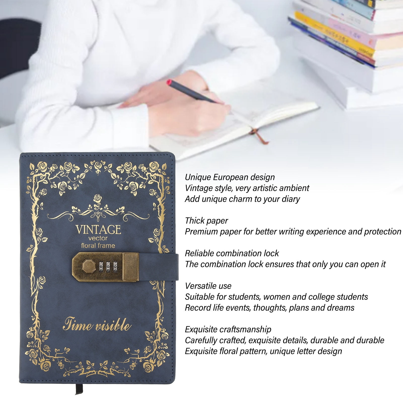Nieyigj Vintage Password Journal with Lock, Hardcover Blank Diary, Dark Blue, 8.66 inches / 22 cm