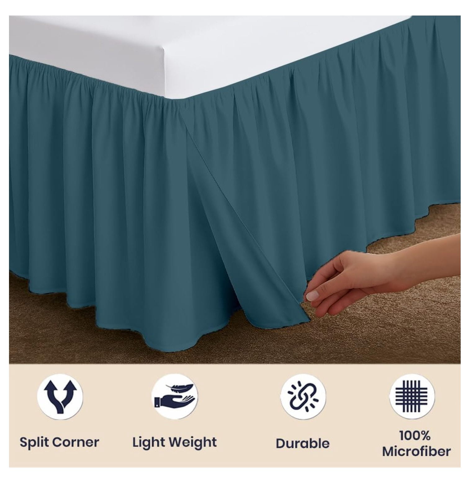 12 Inch Drop Ruffled Bed Skirt King Size - Classic Gathered Styling, Platform Style Dust Ruffle with Secure Fit, Split Corners, Wrinkle-Resistant Microfiber - Teal