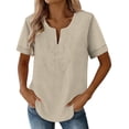 thumbnail image 3 of Womens Cotton Linen Summer Tops, Short Sleeve Shirts for Women Casual Vintage Solid Color Lace Patchwork Notch V Neck Dressy Blouses, 3 of 6