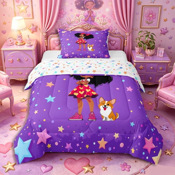 Castle Fairy Cute Black Girl Twin Comforter Sets 2pcs,Cartoon Dog Stars Print Bedding Set,Violet Red Orange,1 Comforter and 1 Pillowcase