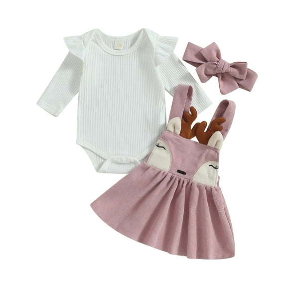 Autumn Infant Baby Girls Christmas Outfits 3M 6M 12M 18M Long Sleeve Romper Deer Suspender Skirt Headband Set Fall Clothes