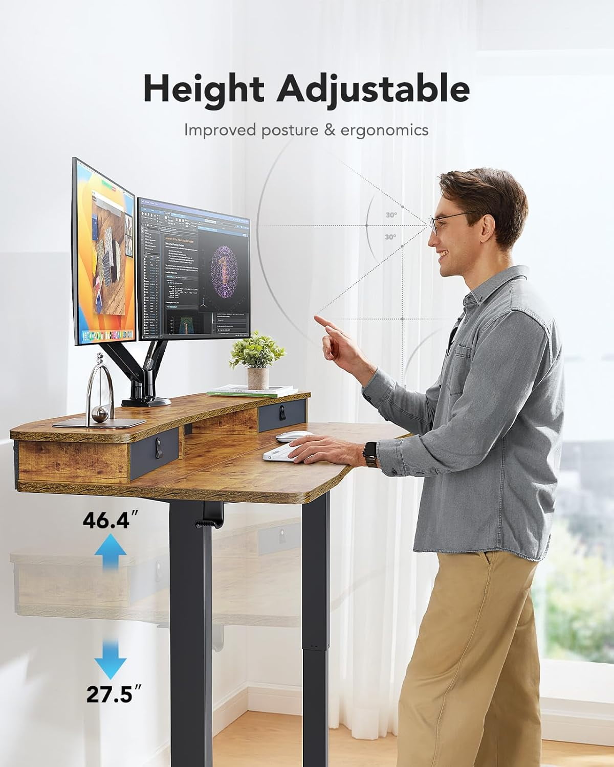 Kyspho 48″ x 24″ Electric Standing Desk with 2 Drawers, C-Clamp Mount Compatible, Height Adjustable Computer Desk, Home Office Stand Up Desk with 4 Preset Heights & 2 Hooks, Vintage Brown