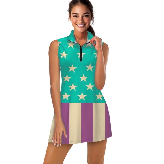 Purple Stripes and Stars Pattern Sports Dresses Women Tennis Dress Outdoor Badminton Golf Quick-Drying And Breathable Sports Dress