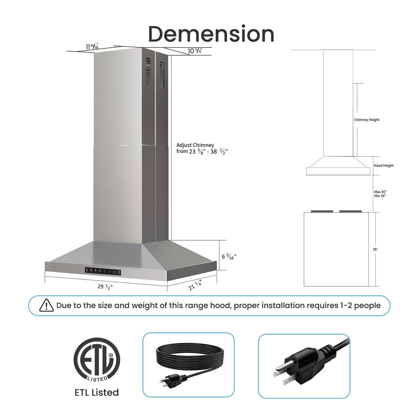 VIKIO 30 inch Island Range Hood , 450 CFM with Touch/Gesture, Convertible Ducted/Ductless, 3-Speed Fan, 2 Stainless Steel Baffle Filters