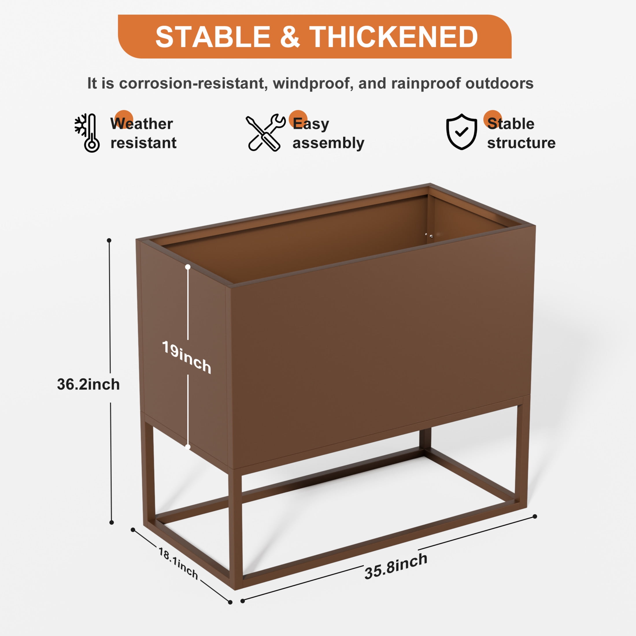 Noble House Minimalist 36“ Rectangular Planter, Raised Base, Drainage Holes, Indoor/Outdoor, Brown
