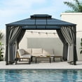 thumbnail image 2 of 10'x12' Hardtop Gazebo, Aluminum Frame Permanent Pavilion with Curtains and Netting, Outdoor Polycarbonate Double Roof Canopy, Designed for Garden, Lawns, Patio, Grey, 2 of 9