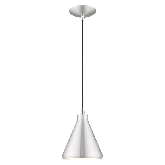 Livex Lighting  Metal Cone Shade 1-Light Mini Pendant - 7"Dia. x 14"-75"Adj. H - 7"Dia. x 14"-75"Adj. H Brushed Aluminum Brushed