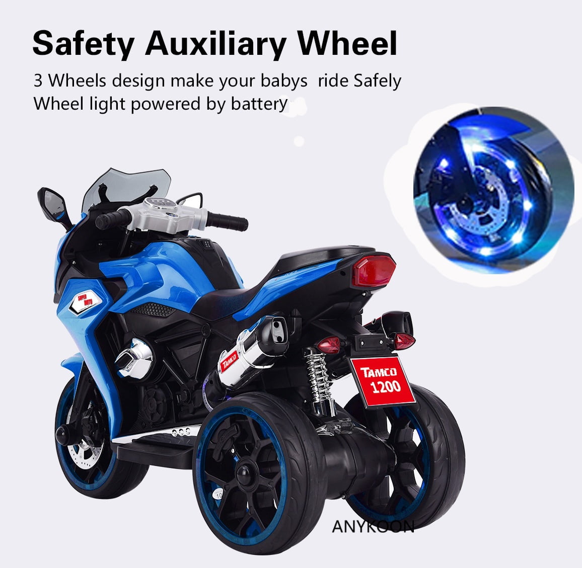 Anykoon 12V Kids Electric Ride On Motorcycle with 3 Light-Up Wheels, Bluetooth Music & LED Lights, Battery Powered Ride On Toy for Ages 3-8, Blue