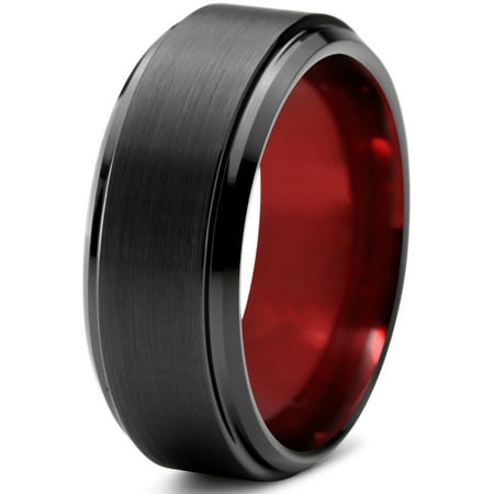 Tungsten Wedding Band Ring 10mm for Men Women Red Black Beveled Edge Brushed Polished Lifetime Guarantee