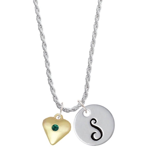 Delight Jewelry Goldtone Large May - Green Crystal Heart Silvertone Script Initial Disc - S - Charm Necklace, 20"+3"