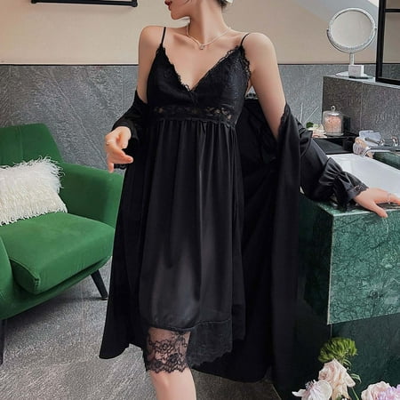 

Voncos Women Nightwear Pajamas Flash Picks- Fashion Lingerie Silk Lace Robe Dress Nightdress Nightgown Sleepwear Black L