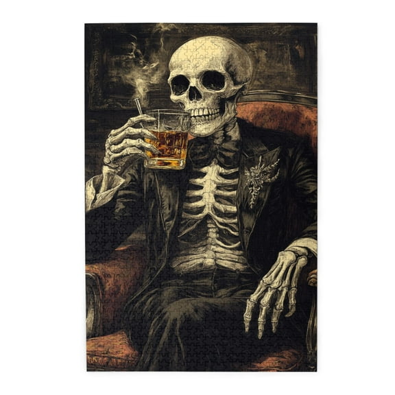 1000 PCS 1000 Piece Wooden Jigsaw Puzzles Skeleton Gentleman Drinking,Challenging Brain Exercise,Vintage Style Skeleton High Difficulty Puzzle 1000 Piece,Unique Artwork For Adults,Relax Yourself