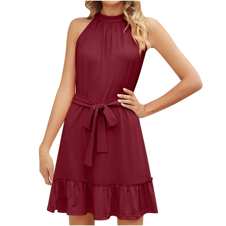 Aoujea Plus Size Holiday Dress Fashion Women Solid Colored Belted  Comfortable Round Neck Dress Sleeveless Dresses for Women 20$ & Under Dress 