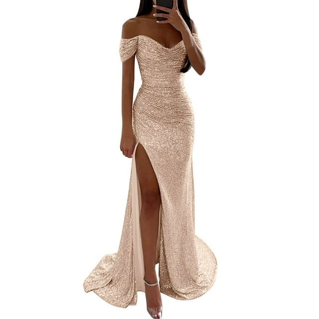 GDREDA Robes Habillées pour le Bal de Bal des Femmes à Manches Courtes Paillettes de Couleur Pure Tombent de l'Épaule Robe de Mode Robe de Mariée Invité Soirée Robe de Soirée Bleu S