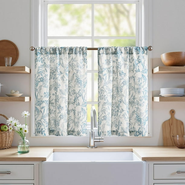 Cortinas de cocina Jinchan, mezcla de lino floral, 76 x 76 cm, 2 paneles