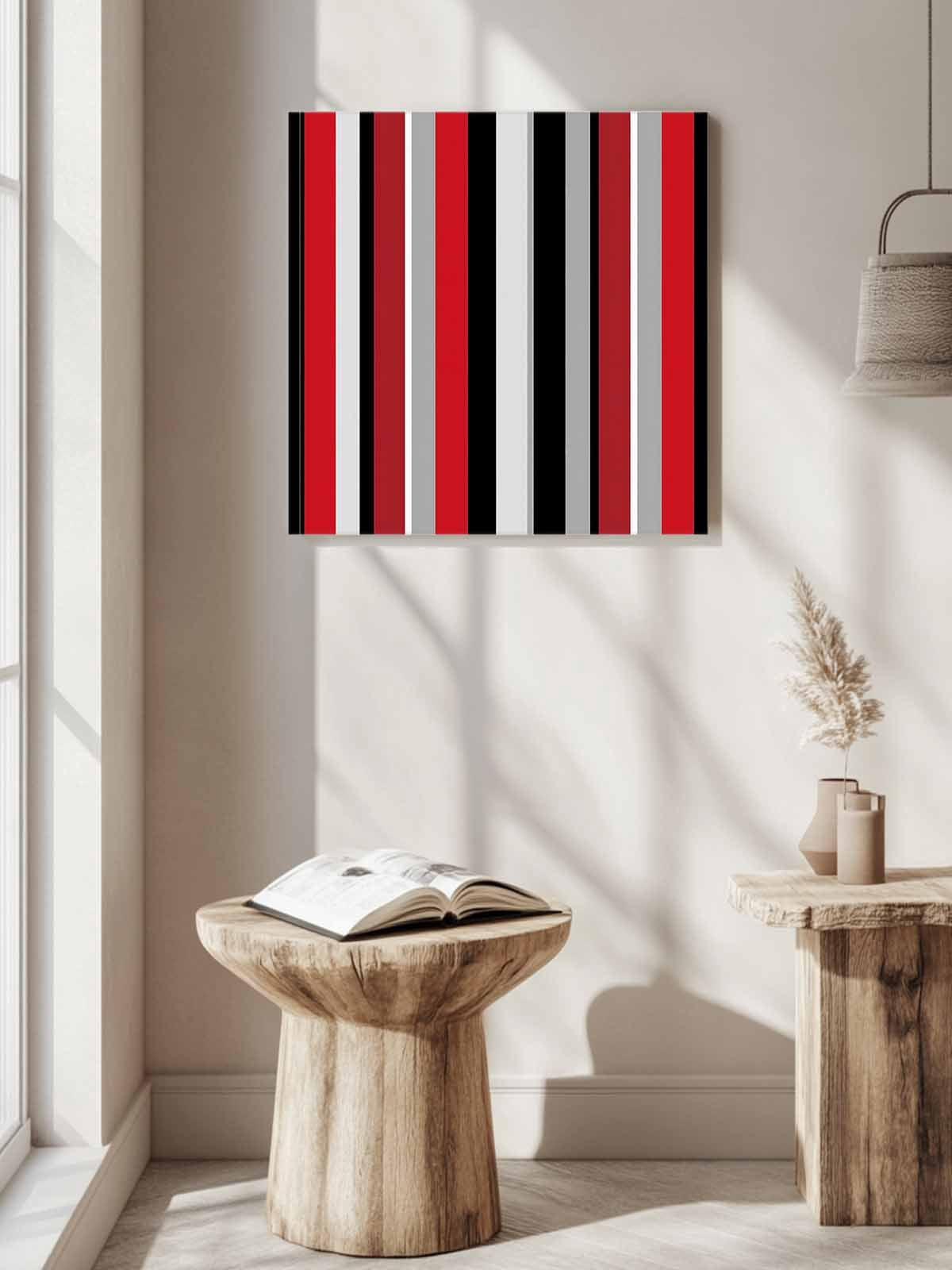 Red and Canvas Wall Art, Black Striped Abstract Geometric Vertical Stripes Framed Wall Decor Modern Artwork Prints Painting for Living Room, Bedroom, Kitchen & Cafe Decor 16x16 Inch