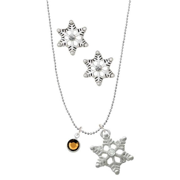 Delight Jewelry Crystal Brown Channel Drop Silver tone Snowflake Charm Necklace and Stud Earrings