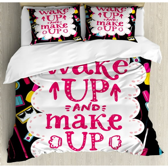 Quote Duvet Cover Set Queen Size, Witty Saying Wake Up Make Up with Cosmetic Icons Lipstick Mascara and Nail Polish, Decorative 3 Piece Bedding Set with 2 Pillow Shams, Multicolor, by Ambesonne