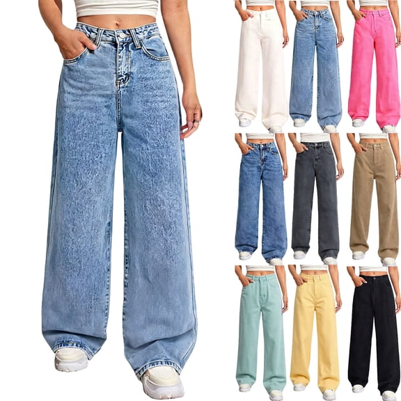 Tsivenald Jeans for Womens Wide Leg High Waist Stretchy Denim Pants Casual Baggy Jean Trousers Size S-XXL