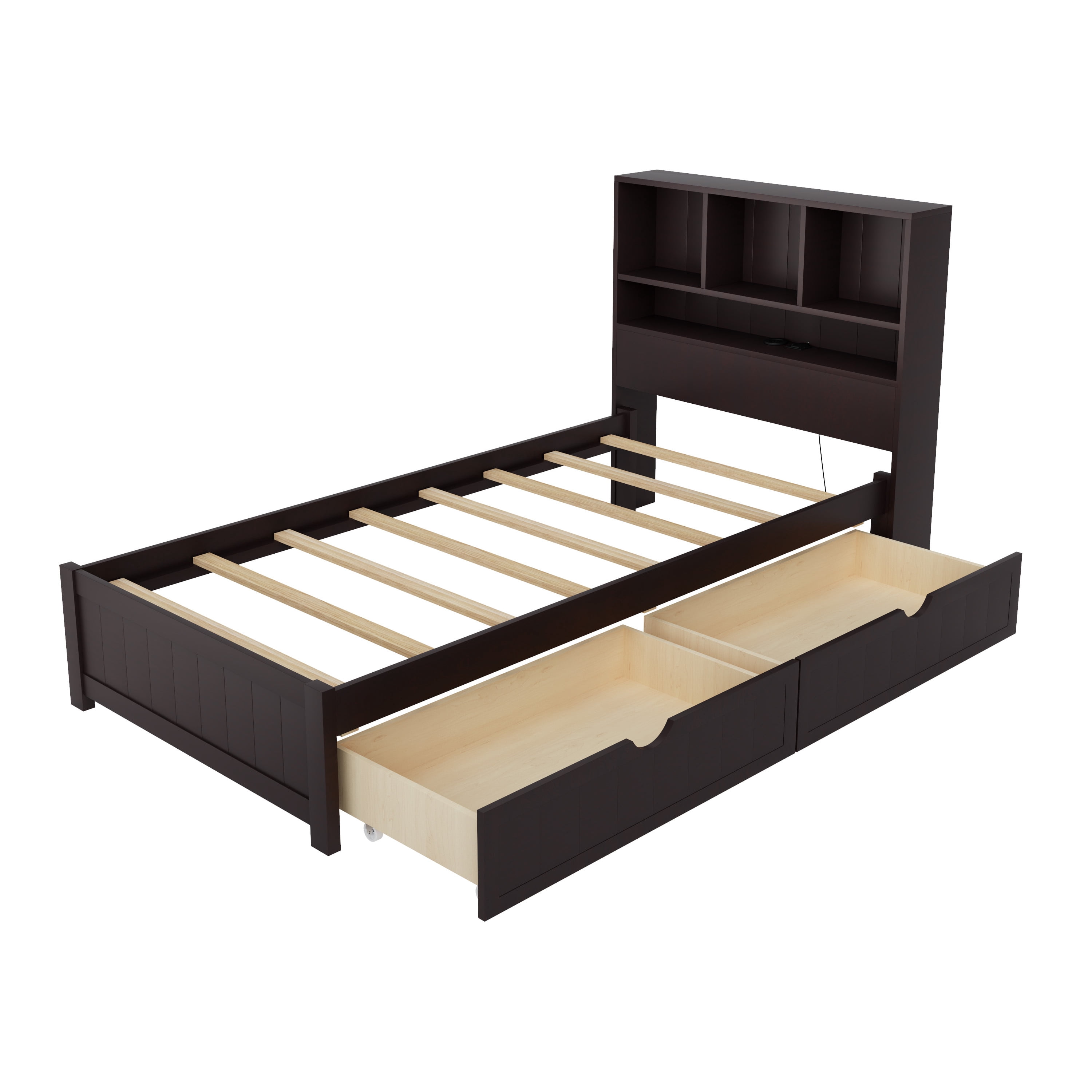 Euroco Wood Twin Size Platform Bed with Storage Headboard and Drawers, LED Light and USB Charging, Espresso