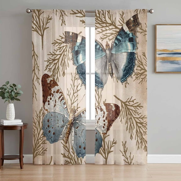 Vintage Teal Butterfly Sheer Curtains 72 Inch Length 2 Panels Set Window Treatments, Vintage Brown Tree Branch Rod Pocket Semi Curtains for Living Room/Bedroom/Kitchen Décor, 104"W x 72"L