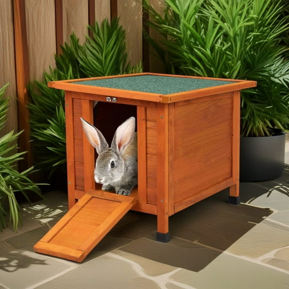 Pefilos Rabbit Hutch, Wooden Rabbit Cage, Pet House Bunny Shelter with Ramp and Opening Roof, Orange