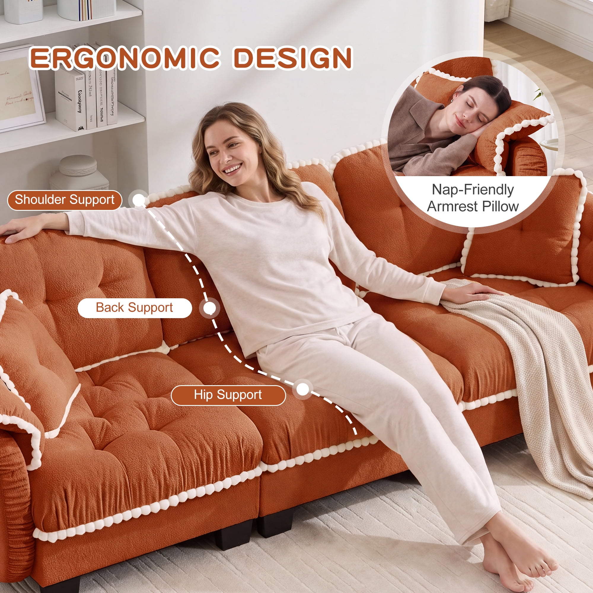 Anpport 131" Chenille Cloud 4‑Seater Sofa with 4 Pillows, Pom‑Pom Trim, Quilted Tufted Ergonomic, Easy Assembly Deep Seat for Living Room Apartment, Orange