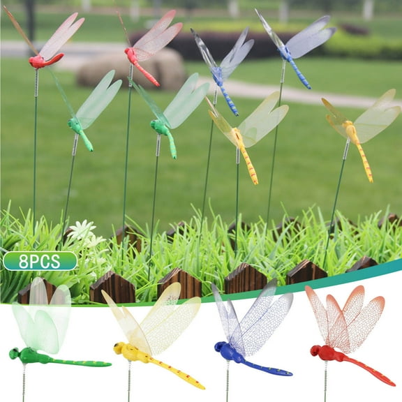 100Fens 8Pcs Dragonflies Garden Pole Decorative Garden Flowers Potted Ornaments Artificial Dragonflystakes Indoor Outdoor Yard Garden Flower Pot Decoration
