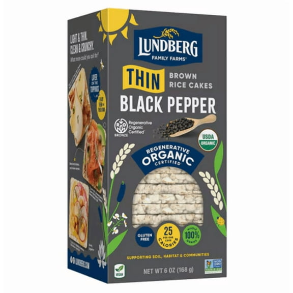 Lundberg, Organic Thin Stackers, Puffed Grain Cakes, Cracked Black Pepper, Lightly Salted, 24 Rice Cakes, 6 oz Pack of 4