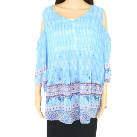 Women's Blouse Blue Plus Border Print V-Neck Pleat $59 2X