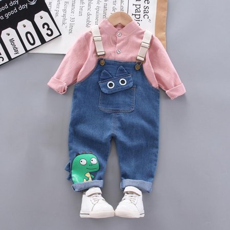 

Hazel Tech Spring Autumn Casual Fashion Baby Cartoon Dinosaur Long Sleeve Top And Suspender Trousers Set