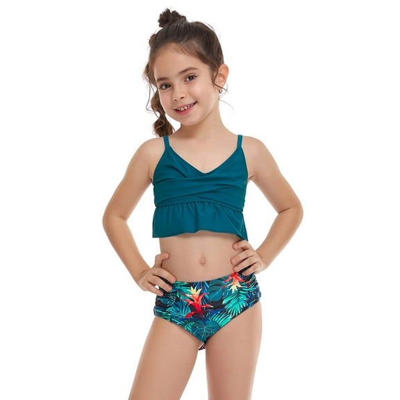 Odeerbi Mommy and Me Swimsuits Parent-Child Ruffles Split Two Piece Swimwear High Waist Top Tie Bikini Set Girls
