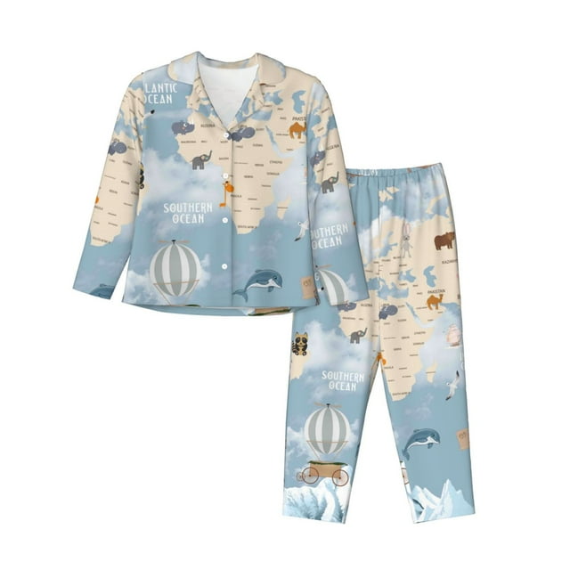 Bingfone Animals Travel World Map Print Womens Pajama Sets,Long Sleeve Loungewear Pajamas Set-X-Large