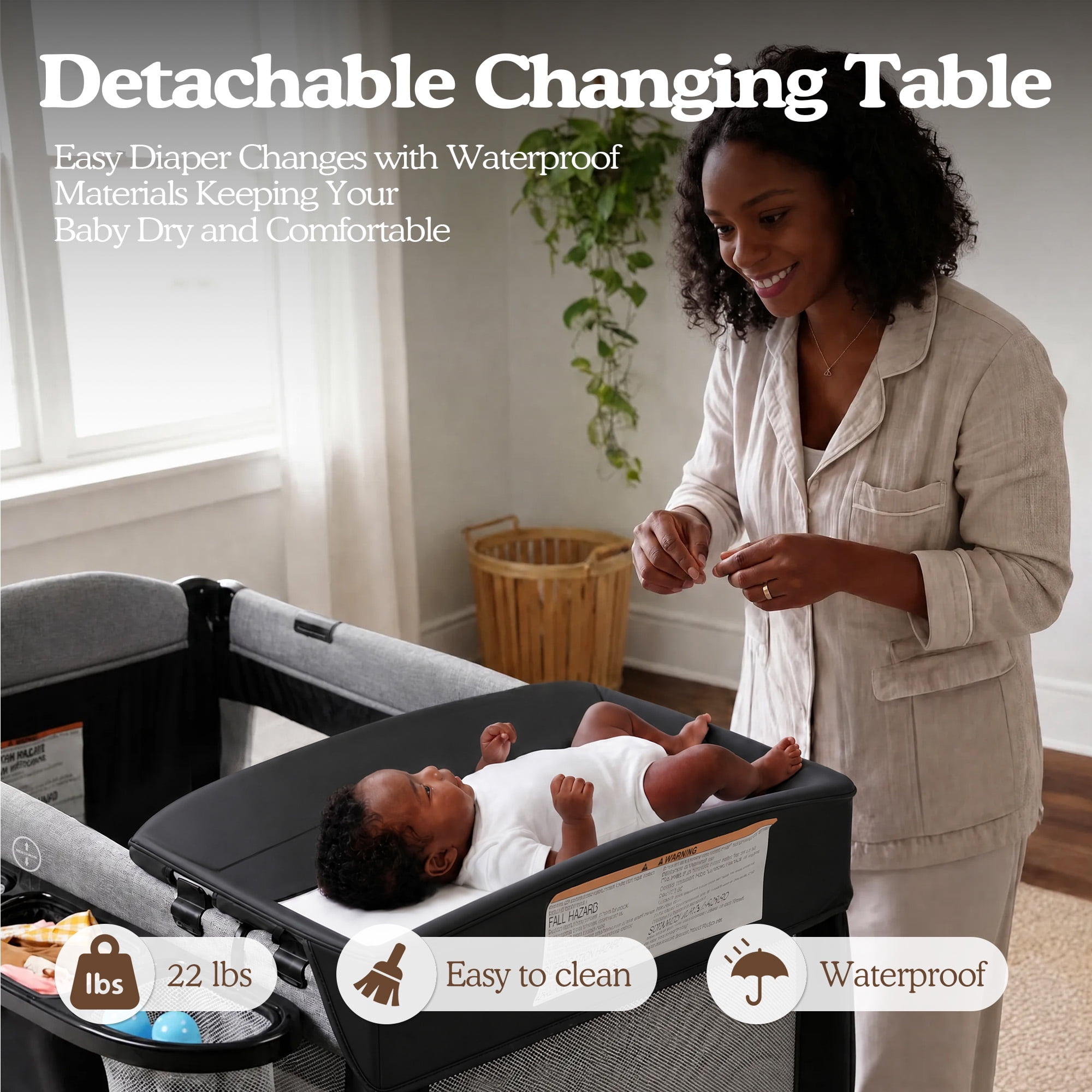 LINLUX Foldable Baby Bedside Crib Bassinet, Infant Pack and Play Playard, Newborn Playpen Changing Table,Gray