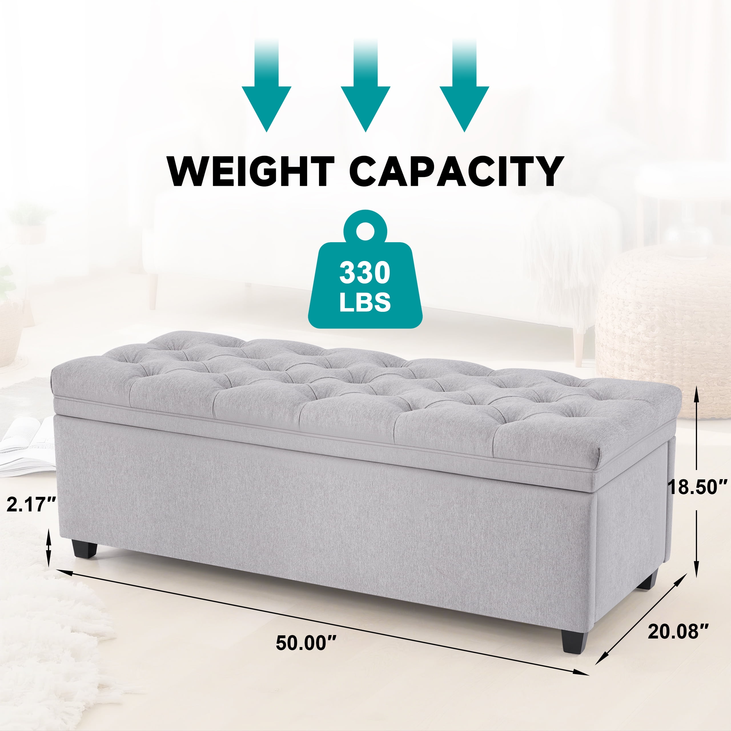 Mangodan 50" Storage Ottoman Bench, Tufted Ottoman With Storage Bench for Living Room, Large End of Bed Bench Ottomans, Modern Entryway Benches, Window & Bedroom Benches for Foot of Bed, LightGray