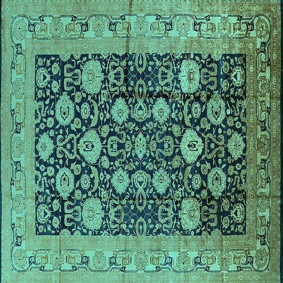 Ahgly Company Machine Washable Indoor Square Oriental Turquoise Blue Industrial Area Rugs, 3' Square
