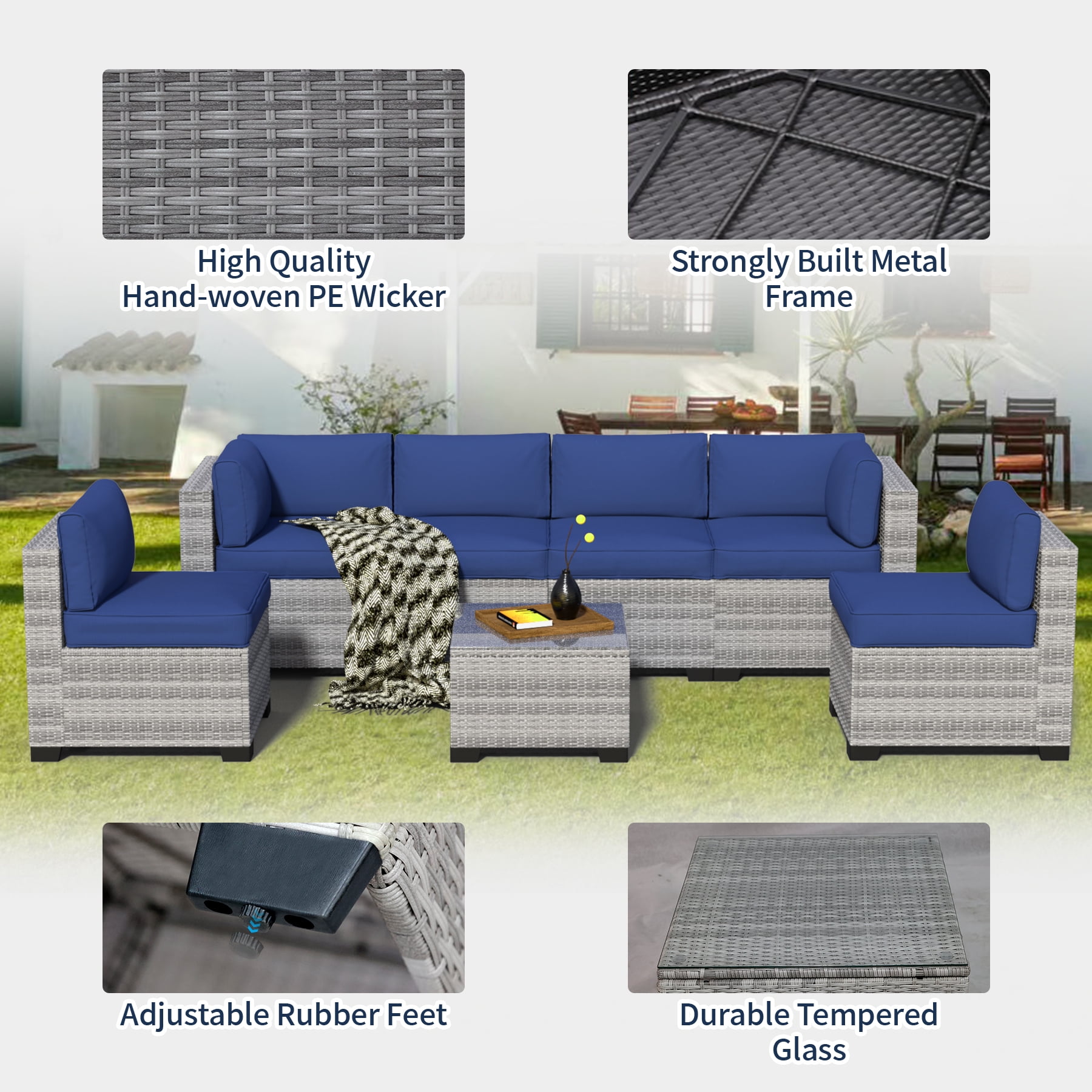 7-Piece Outdoor Patio Furniture Set, All-Weather Rattan Sectional Sofa with Waterproof Cushions & Tempered Glass Table, Perfect for Garden, Poolside, Backyard (Navy Blue)