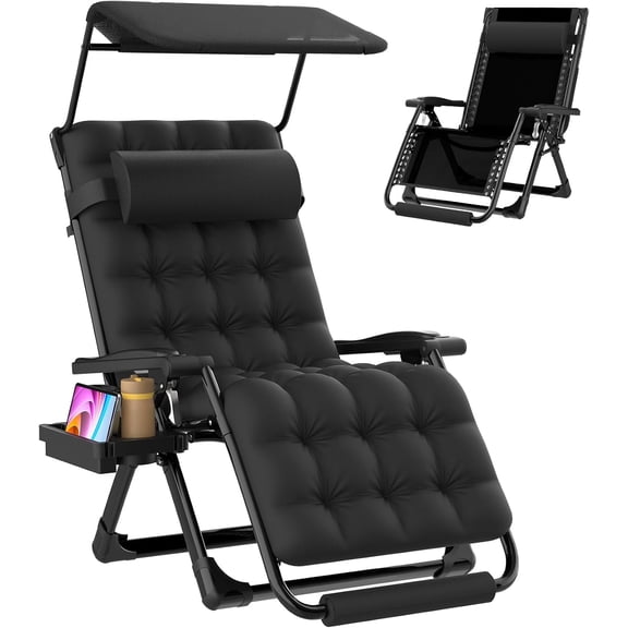 DKMOCO Zero Gravity Chair with Canopy, 29IN XL Reclining Camping Lounge Chairs w/Removable Cushion and Cup Holder, Folding Patio Recliner(Black)