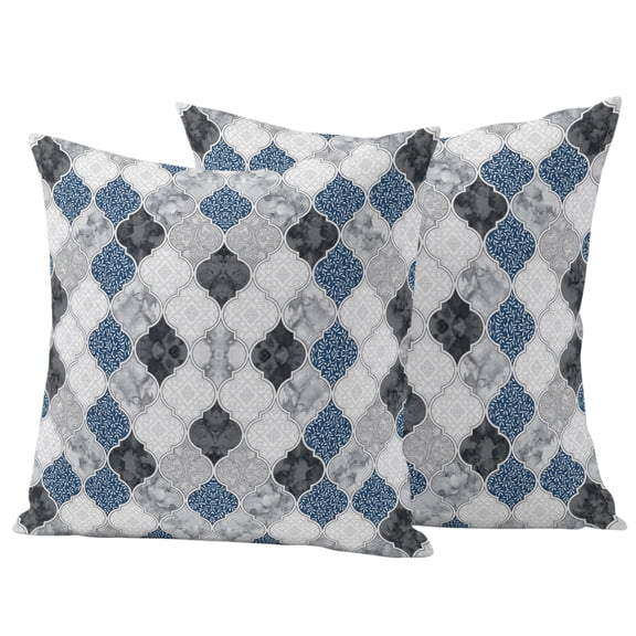 Traditional Geometric Outdoor Waterproof Pillow Covers, Vintage Rhombus Pattern Blue Decorative Square Throw Pillowcase Sofa Cushion Sham for Patio/Couch/Chair, 18"x18" 2 Pack