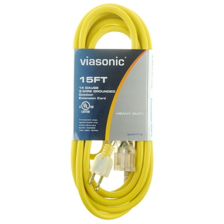 Viasonic Outdoor Extension Cord - 15FT - Heavy Duty & Durable, 14 Gauge, Safety Yellow Cord, Premium Lighted Plug, UL Listed, by Unity