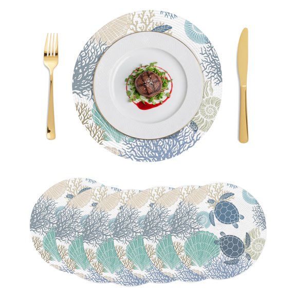 Round Placemats Blue Turtle Coastal 15 inch Set of 6 Table Mats for Dining Table Ocean Beach Coral Shell Nautical Heat Resistant Non-Slip Kitchen & Home Decorative Place Mat Set