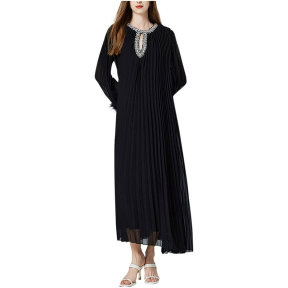 ZQUUVOU Women's Dress Round Neck Long Sleeves Pleated Long Dress Black,Free Size