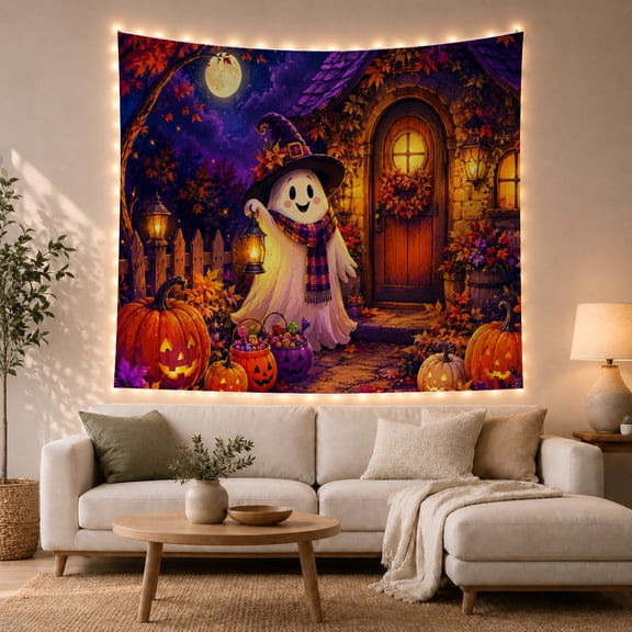 Friendly White Ghost with Glowing Lantern on Pumpkin Path, Whimsical Illustration for Gothic Decor Lovers, Cozy Autumn Wall Art, Halloween Gift Tapestry Wall Hanging for Living Room and Bedroom