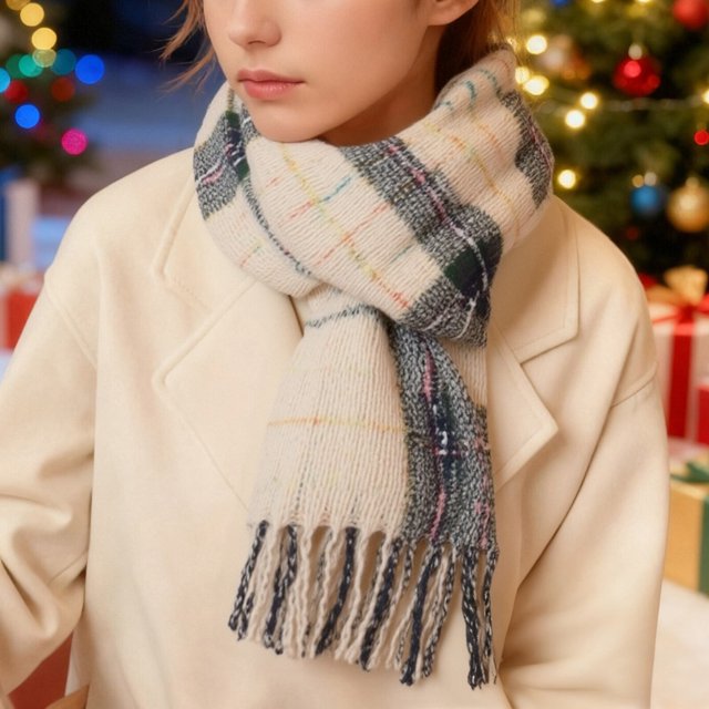 Bufanda cálida para mujer, tipo chal grande, ideal para el invierno. Bufanda gruesa de punto con estampado de cuadros blancos y azul oscuro. Manta cálida para el cuello con flecos, suave y ligera. Un