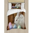 thumbnail image 1 of Easter Bunny Duvet Cover Set Twin Size, Photo of Easter Rabbit with Colorful Dyed Eggs Wooden Background Illustration, 2 Piece Bedding Set with 1 Pillow Sham, Multicolor, by Ambesonne, 1 of 3