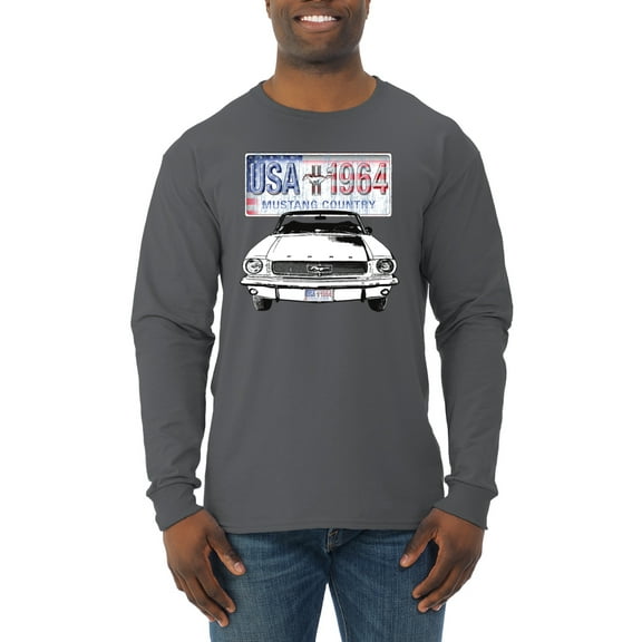 Wild Bobby, Ford Mustang Country USA 1964 Vintage American License Plate, Cars and Trucks, Men Long Sleeve Shirt, Charcoal, Small