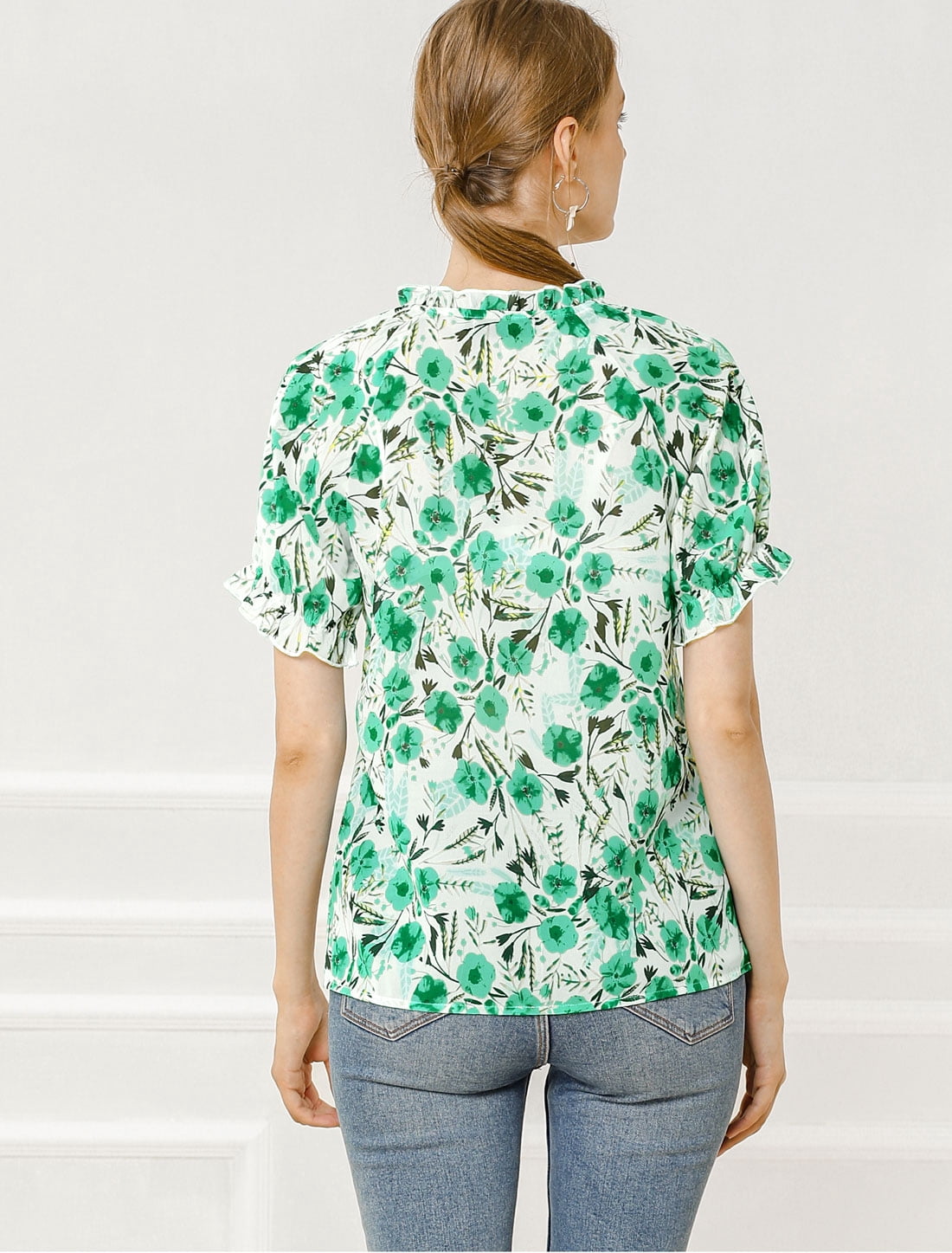DARING DIVA Women's Floral Ruffled Neck Short Sleeves Top Blouse XS Green