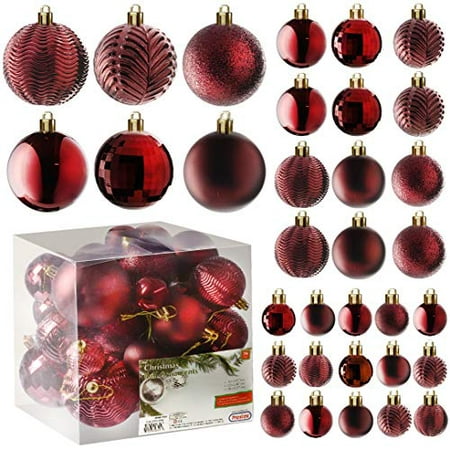 Prextex Red Christmas Ball Ornaments for Christams Decorations - 36 Pieces Xmas Tree Shatterproof Ornaments with Hanging Loop for Holiday and Party Deocation (Combo of 6 Styles in 3 Sizes)