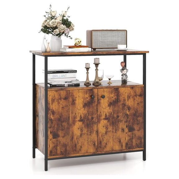 Industrial Buffet Cabinet with Storage, Coffee Bar Station with Open Shelf & 2-Door Cabinet, Credenza Sideboard Cabinet with 3 Enclosed Shelves & Sturdy Metal Frame, Rustic Brown