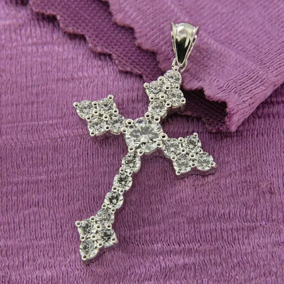 Round Cut 2 Ct White Lab Created Diamond Pendant Cross Women's 14K White Gold Plated